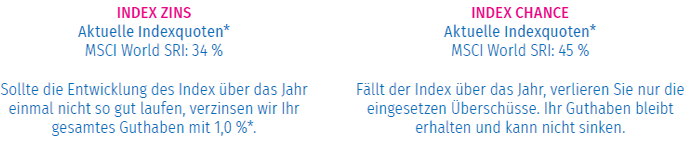 Zwei Spalten mit Informationen über Indexanlagen: "Index Zins" (Aktuelle Indexquoten, MSCI World SRI: 34 %, Hinweise zur Verzinsung) und "Index Chance" (Aktuelle Indexquoten, MSCI World SRI: 45 %, Hinweise zum Verlust von Überschüssen).